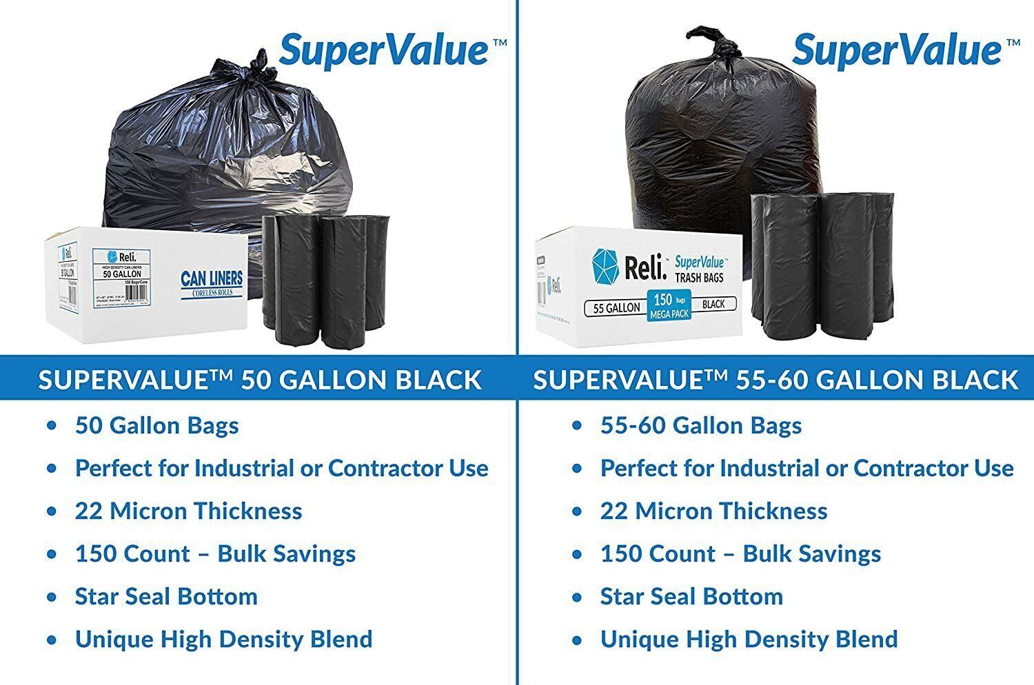 Reli. Premium 50 Gallon Trash Bags | 200 Count | Made in USA | Heavy Duty |  Bulk | SuperValue | Clear Multi-Use Garbage Bags