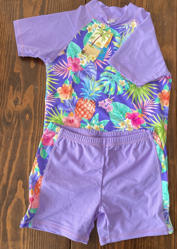 Girl's 2 Piece Short Sleeve Swimsuit UPF 50+ NWT Size 12 Purple Floral