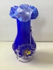 MCM Hand Blown Glass Violet Blue Vase Ruffle Top Floral Vintage Murano style