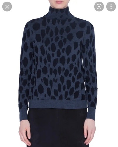 $695 Nuevo con Etiquetas Akris Punto 4 Animal Punto Jacquard Suéter Lana Pullover Cuello Simulado Gris - Imagen 2 de 7
