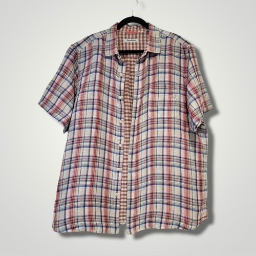 Camicia Tommy Bahama uomo XL maniche corte misto lino classica tartan a quadri - Foto 3 di 8
