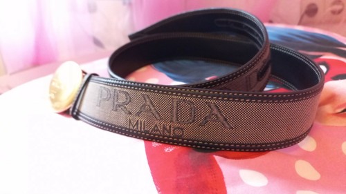 PRADA Logo Gürtel Blau Gold Große Schnalle Leder/Textil Gr 90cm Br. 4cm Selten! - Bild 9 von 10