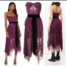 NWT Alice + Olivia Bree Ruffle Lace Pleated Midi Bustier Dress Plum Size 4