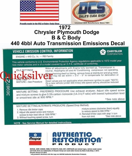 1972 Chrysler Plymouth Dodge 440 4bbl Auto Transmission Emissions Decal 3698721