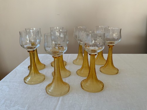 10 copas de vino ámbar con tallo remolino de vidrio veneciano vintage uvas grabadas - Imagen 2 de 6