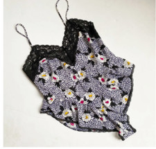 Vtg Delicates Teddy Bodysuit Satin Floral Lace Hi-Leg Flutter Sz-S