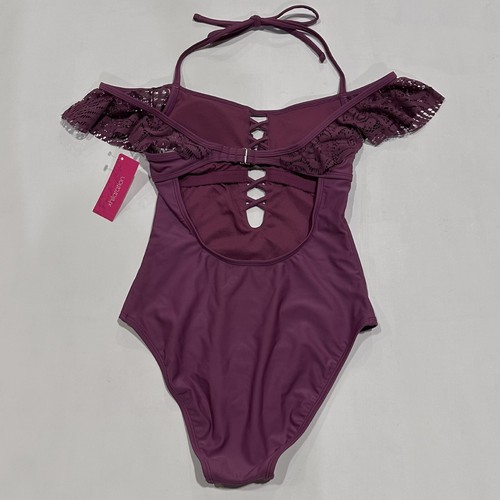 Xhilaration Juniors' Lace Off The Shoulder Halter One Piece Swim Suit - Berry XL - Picture 3 of 3