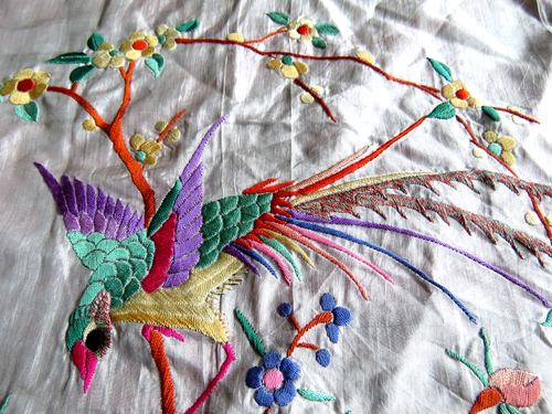 Antique Piano Shawl Silk Coat Dress Manton De Manila Embroidered Flowers 35"x35" - Picture 9 of 11