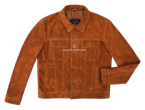 Men's Trucker Jacket Western Classic Shirt Cow Suede Leather Denim Look Jacket - Picture 7 of 13