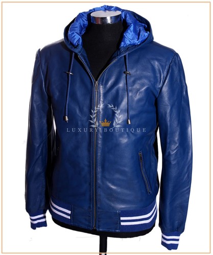 Men's Blue Baseball White Stripes New Hooded Bomber Real Lambskin Leather Jacket - Picture 4 of 11