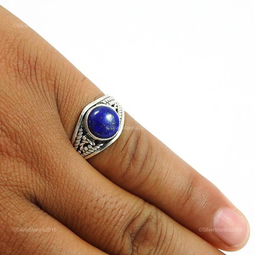 Redondo Lapislázuli Piedra Preciosa Plata Maciza de Ley Anillo Tendencia Joyería - Imagen 4 de 8