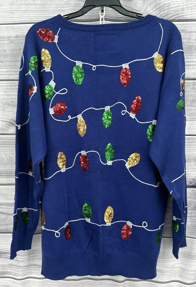 TIPSY ELVES SEQUIN CHRISTMAS LIGHTS SWEATER Women's Size XL BLUE eBay