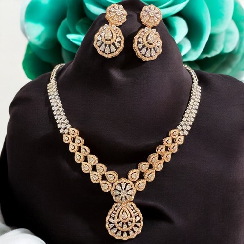 Classy 7.15 Cts Round Baguette Cut Diamond Necklace Earrings Set 14K Gold - Picture 1 of 12