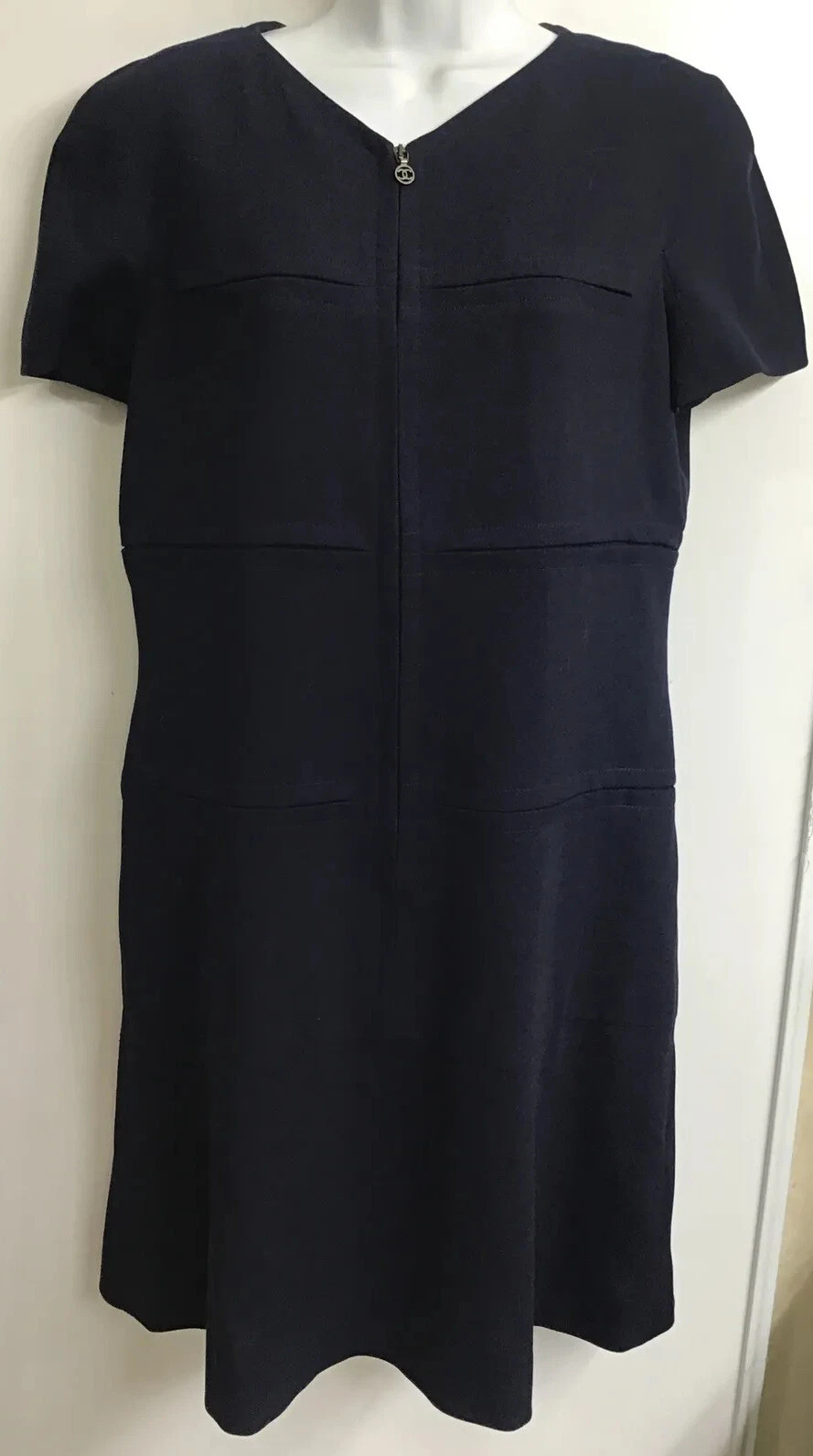 Abito vintage Chanel blu navy maniche corte cerniera crêpe anteriore 40 97 A
