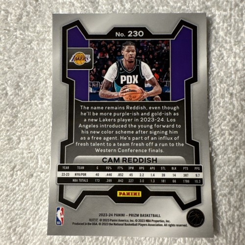 2023-24 Panini Prizm SILVER PRIZM #230 Cam Reddish - Los Angeles Lakers - Picture 2 of 2
