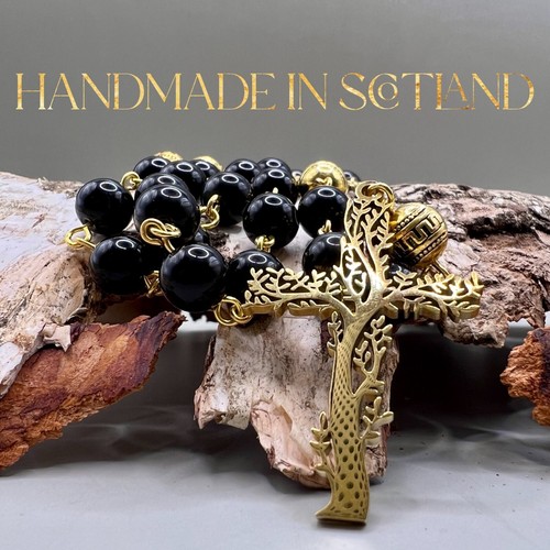 Handmade in Scotland Azbache Stone Black and Gold Tree of LIfe Rosary Beads Gift - Picture 12 of 12