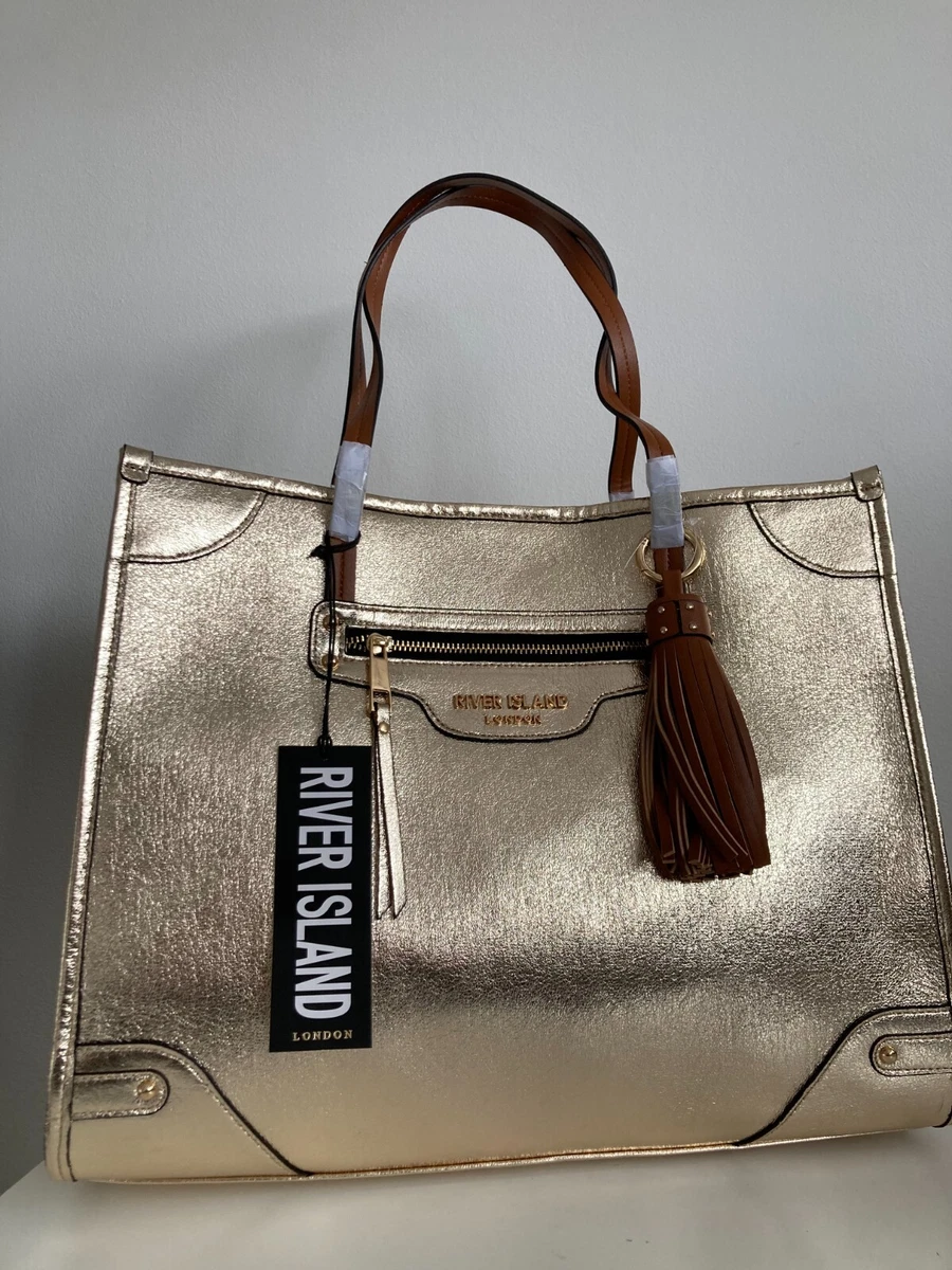 River Island bag tote gold large tassel handbag office school shopper new