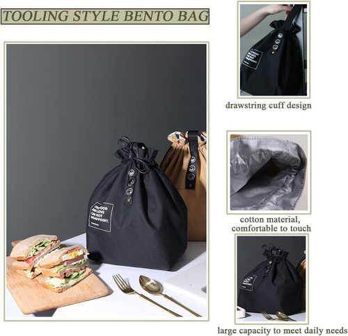 Canvas Drawstring Lunch Bag Insulated Lunch Tote Japanese Style Bento Tote Bag R - Picture 2 of 12