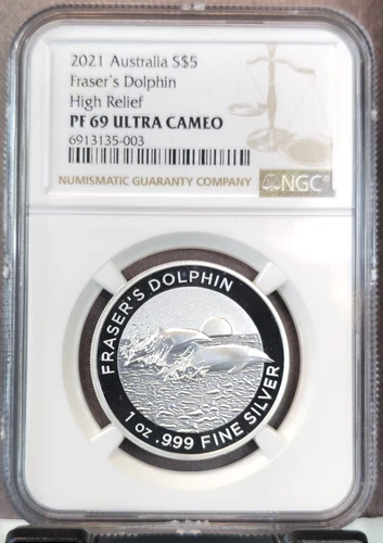 2021 AUSTRALIA SILVER 5 DOLLARS FRASERS DOLPHIN NGC PF 69 ULTRA CAMEO RARE