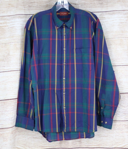 VINTAGE CR Sport Mens Size Large Button Up Long Sleeve Plaid Shirt Navy Blue - Picture 1 of 7