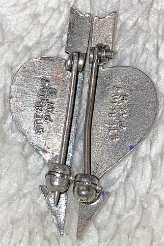 antique Art Deco 1920's lover's pin set two 1/2 fraction red enamel heart arrow - Picture 3 of 6