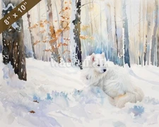 American Eskimo Dog watercolor painting in a snowy fores 8x10 Print 