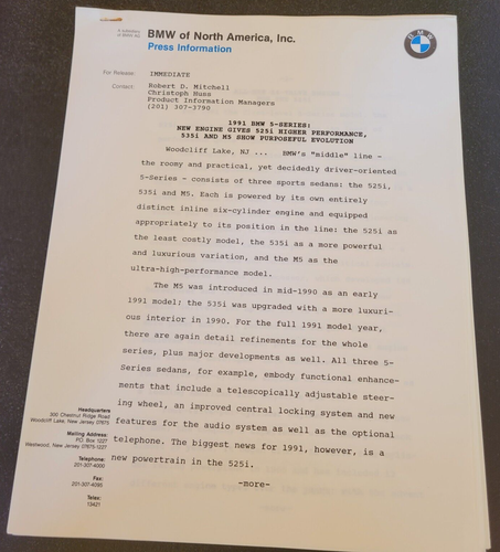 BMW 1991 5-Series Model Dealer Information Official Original Press Release - Picture 1 of 3