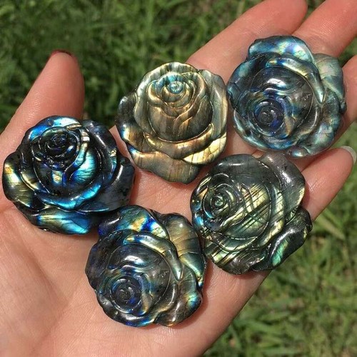 Natural Labradorite Stone Carved Roses Quartz Crystal Flower Statue Healing Gift - Picture 18 of 18