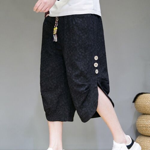 Men Japanese Ethnic Crop Pants Casual Wide-leg Trousers Cotton Linen Trousers - Picture 3 of 21