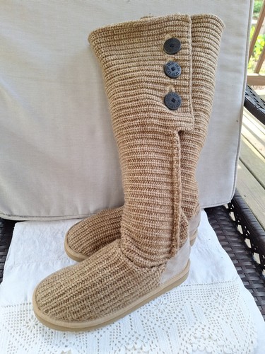 UGG Classic Cardy Tall Sweater Boots Womens 8 Tan Knit 3 Wood Button 3 Ways - Picture 3 of 19