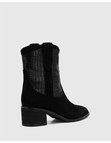 Wittner Boots Black 38 Block Mid Heel Croc Pattern Leather Suede Gorgeous - Picture 3 of 16