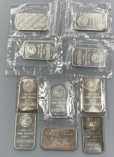 10 Engelhard 1ozt .999+ Fine Silver BARS mixed designs  L24304