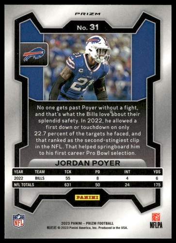 2023 Panini Prizm #31 Jordan Poyer Silver Buffalo Bills NM+ - Picture 2 of 2