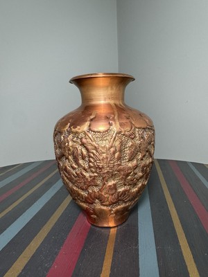 SCHÖNE ANTIKE DETAILLIERTE PERSISCHE KUPFER VASE GEPRÄGTES MUSTER BLUMEN & VÖGEL