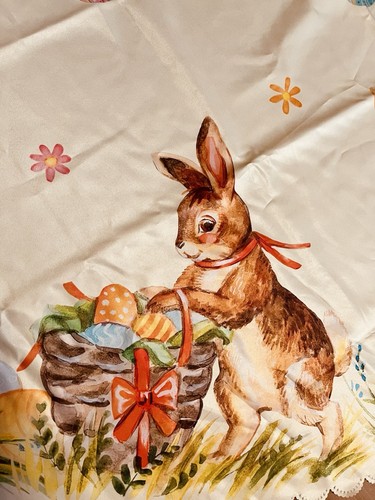 Easter Tablecloth Bunnies Eggs Flowers Round 58” Scalloped Edge Fabric Yellow - Picture 5 of 10