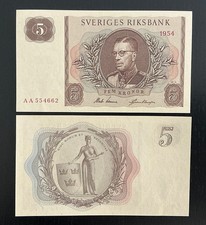 Sweden 5 kronor 1954 UNC P-42a AA-prefix