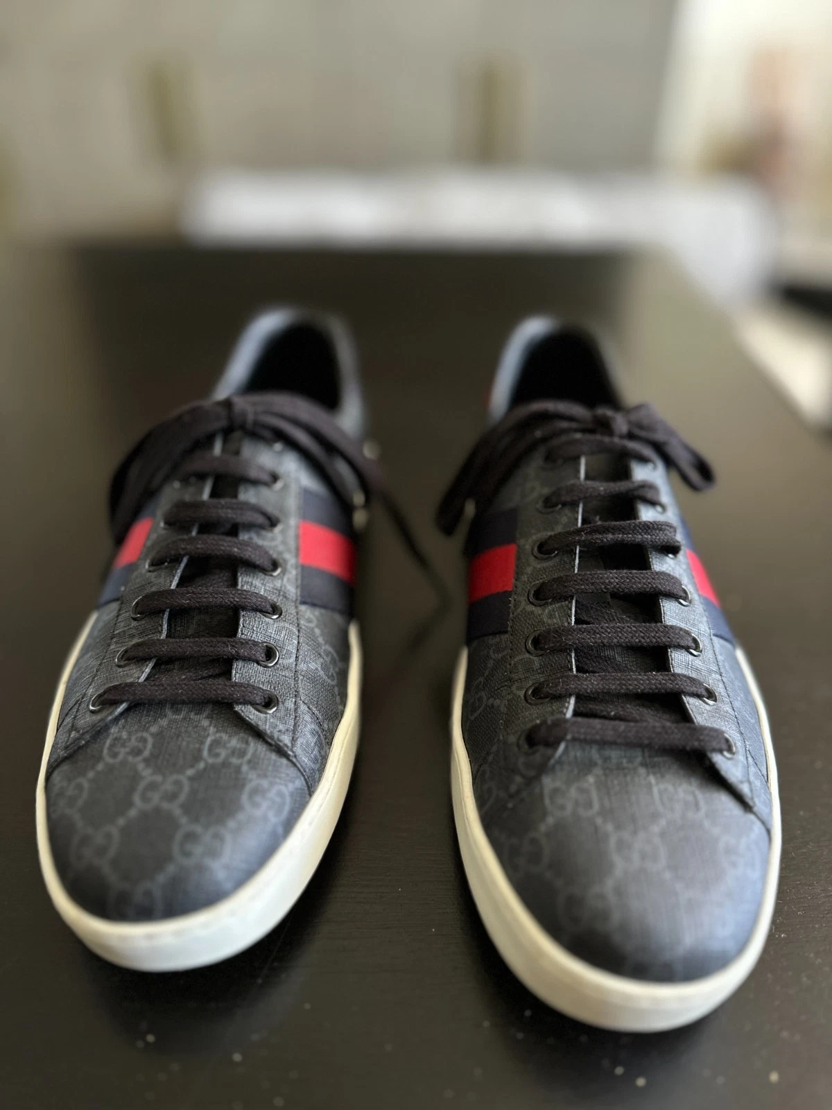 Gucci Ace GG Supreme Men's Sneakers Black Red Stripe Logo US 12(w/orig box/bags)