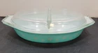 Vtg Pyrex Turquoise Snowflake 1-1/2 Quart Divided Casserole Dish w/Lid 945C*Read