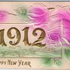 1912 Happy New Year Embossed Gilt Church Farm Hand Spray Painted Dreden? PC A243