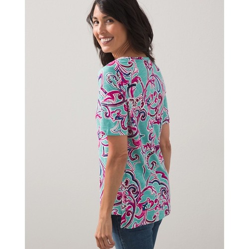 Chico's Paisley Print Slub Tee Size 2 (Womens Large) Teal Berry Side Vent Top - Picture 7 of 10