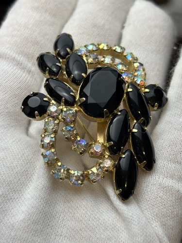 Stunning Vintage Black Glass & AB Rhinestone Brooch Pin Elegant Statement - Picture 4 of 14