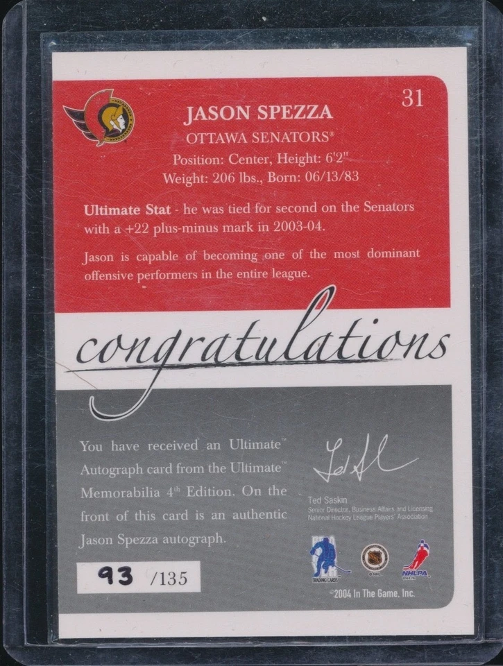 2003-04 In The Game Ultimate Autograph #31 Jason Spezza 93/135 CUT AUTO - Image 2 of 4