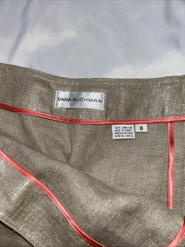 Dana Buchman taglia 8 beige marrone midi scintillante grezzo 100% lino svasato Old Money Costal - Foto 10 di 10