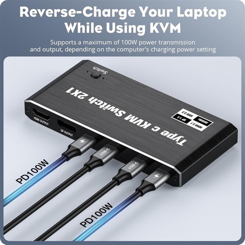 1pc USB C KVM Switch 100W PD Charge Port Switcher 2x1 8K For 2 Laptop 1 Monitor - Afbeelding 6 van 13
