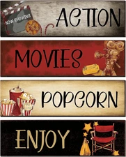 4pcs Rustic Wooden Movie Theater Wall Decor Signs Home Cinema Media Room Art