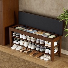 Shoe Rack Bench with Flip-Top Storage, Solid Wood Entryway Bench with Cushion...
