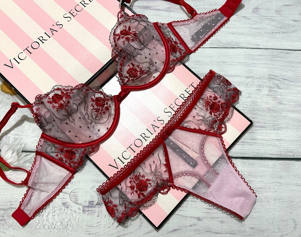 Victoria's Secret Rose Mesh Very Sexy Unlined Embroidered Demi Bra Thong Set