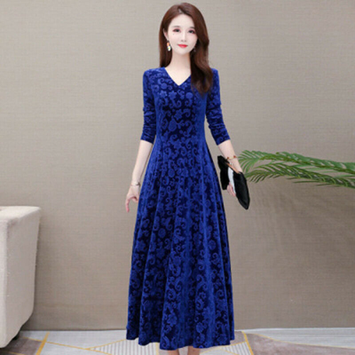 Women Ladies Elegant Velvet Long Maxi Dress Long Sleeve Cocktail Party Ball Gown - Picture 11 of 17