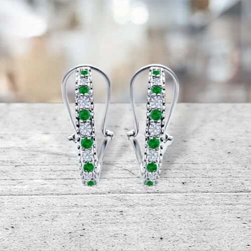 Genuine Emerald & White Sapphire Hoops in Solid Sterling Silver - Omega Backs - Picture 2 of 2
