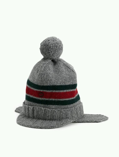 NWT NEW Gucci kids boys navy or gray wool knit hat ear flaps red web S 269511
